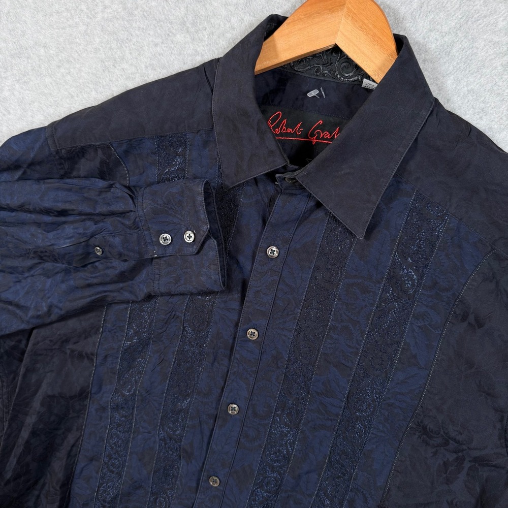 Robert Graham Mens XL Navy Blue Floral Jacquard Embroidered Button Down Shirt